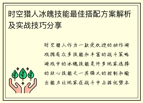 时空猎人冰魄技能最佳搭配方案解析及实战技巧分享